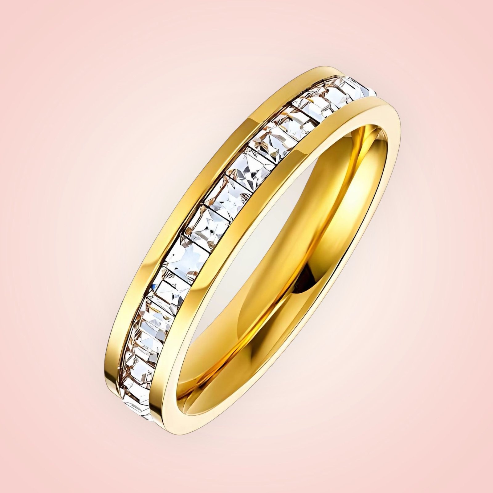 Ring met cubic Zirconias, 18 K gold plated Stainless Steel, 1 rij