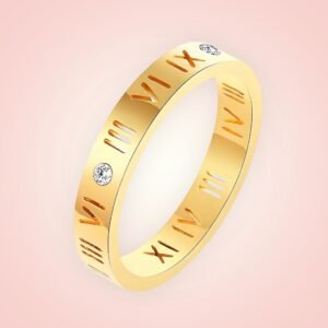 Ring met cubic Zirconias, romeinse tekens 18 K gold plated Stainless Steel