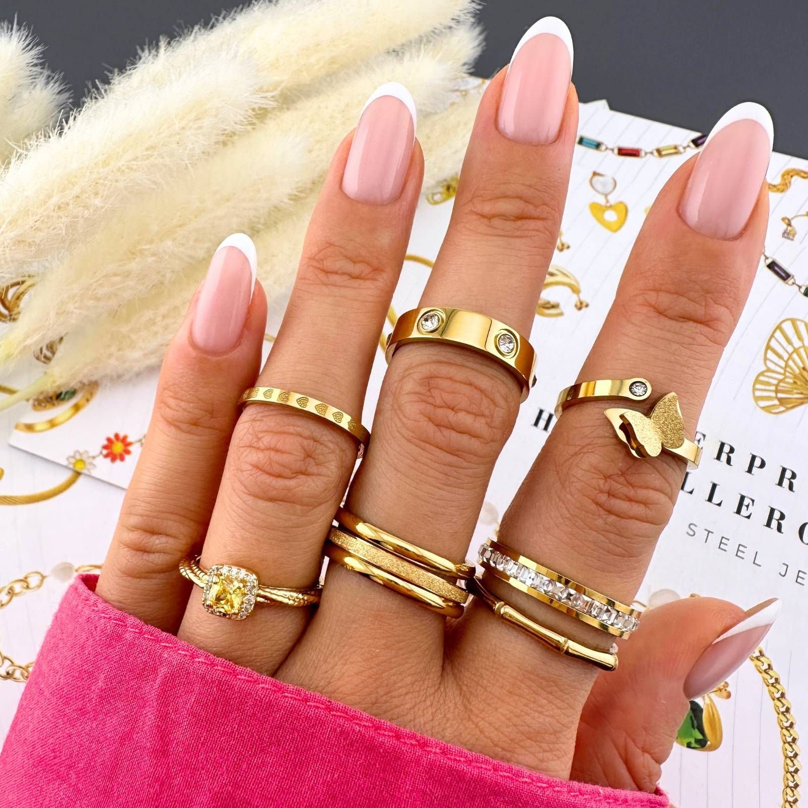 Prachtige ring met cubic zirkonias, 19K goldplated op RVS - Afbeelding 2