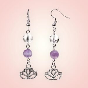 Oorbellen met lotus, bergkristal en amethist