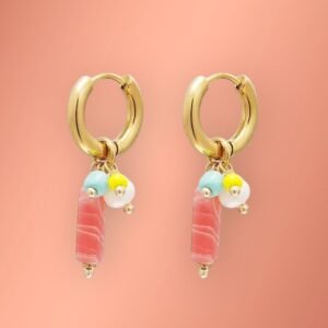 Oorbellen RVS, met rood/roze Hematiet steen