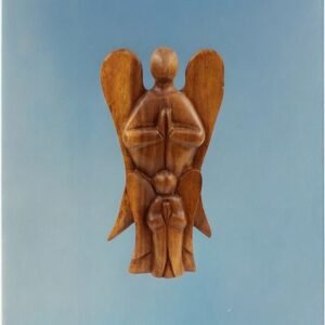 Engel met kindje engel, handgesneden uit hout