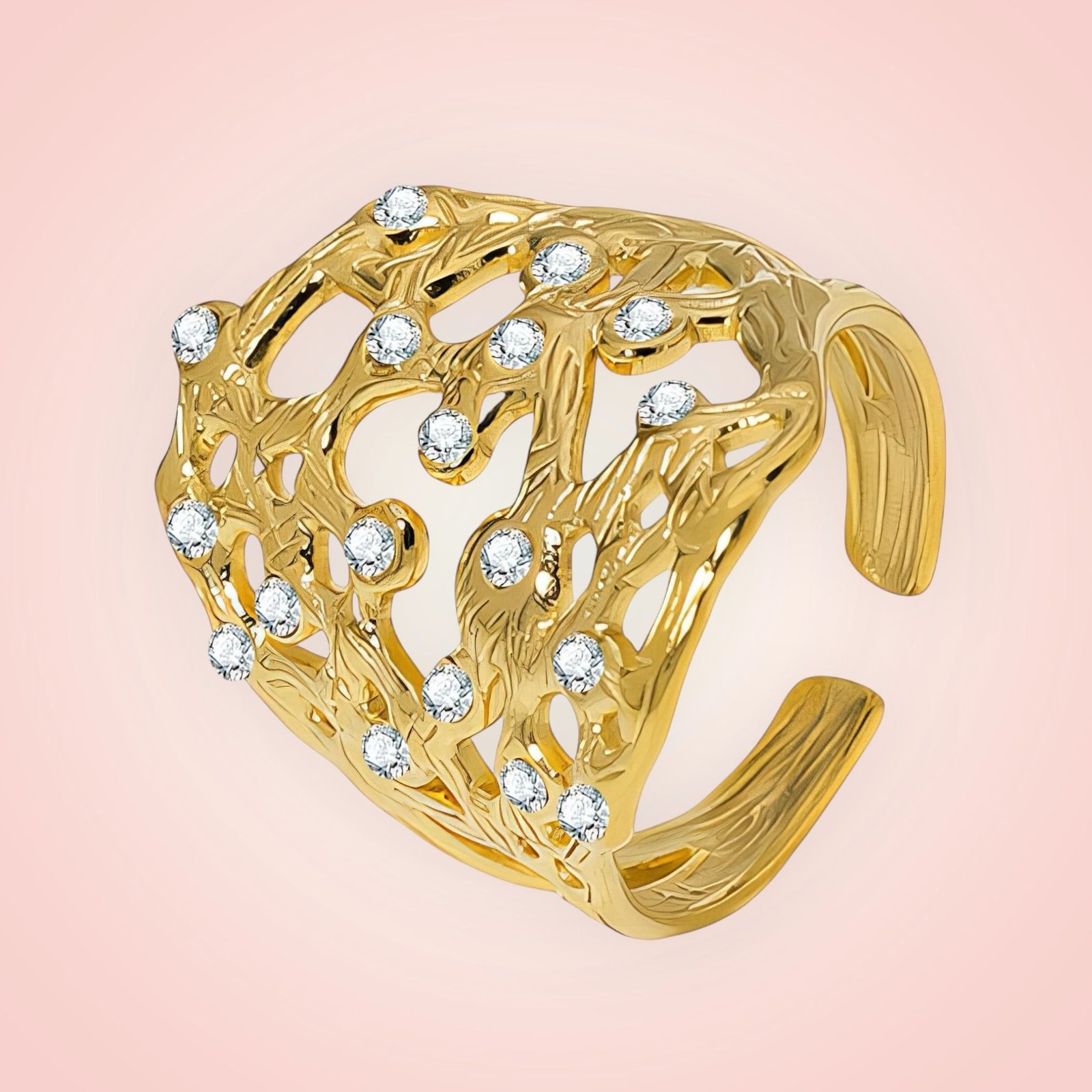 Ring met cubuc zirconias, 18 K gold plated Stainless Steel